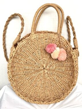 Round Woven Straw Purse Pink Pom Pom Accent Shoulder Strap Zip Top Beach Fun